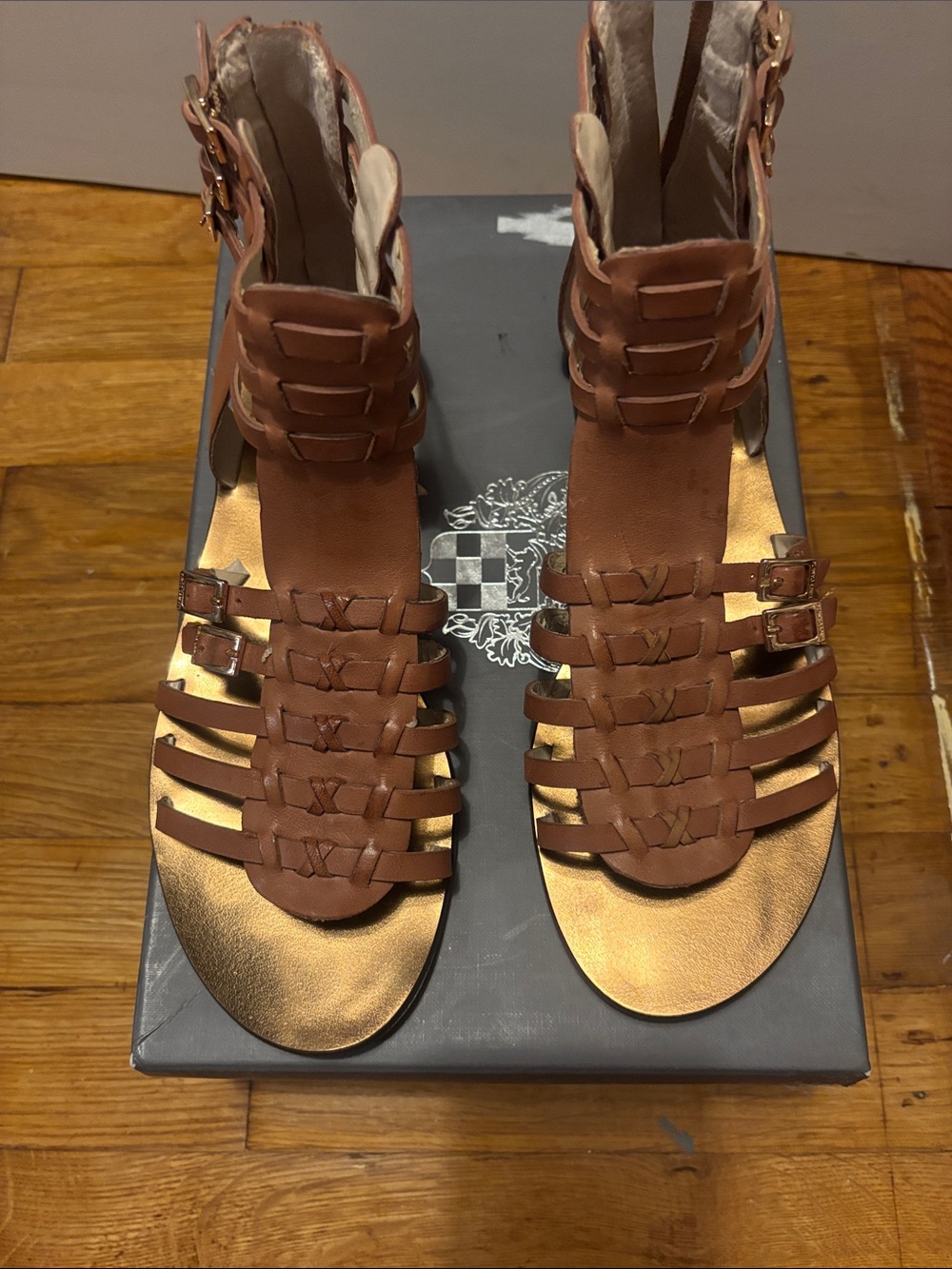 Vince Camuto Brown Braided Gladiator Sandals with Gold Footbed